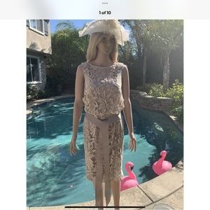 Tadashi  Shoji Anthropologie Floral overlay lace beige Dress Sz 4 event wedding